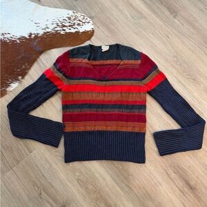Dries Van Noten Multicolor Striped Wool Pullover Sweater V-Neck